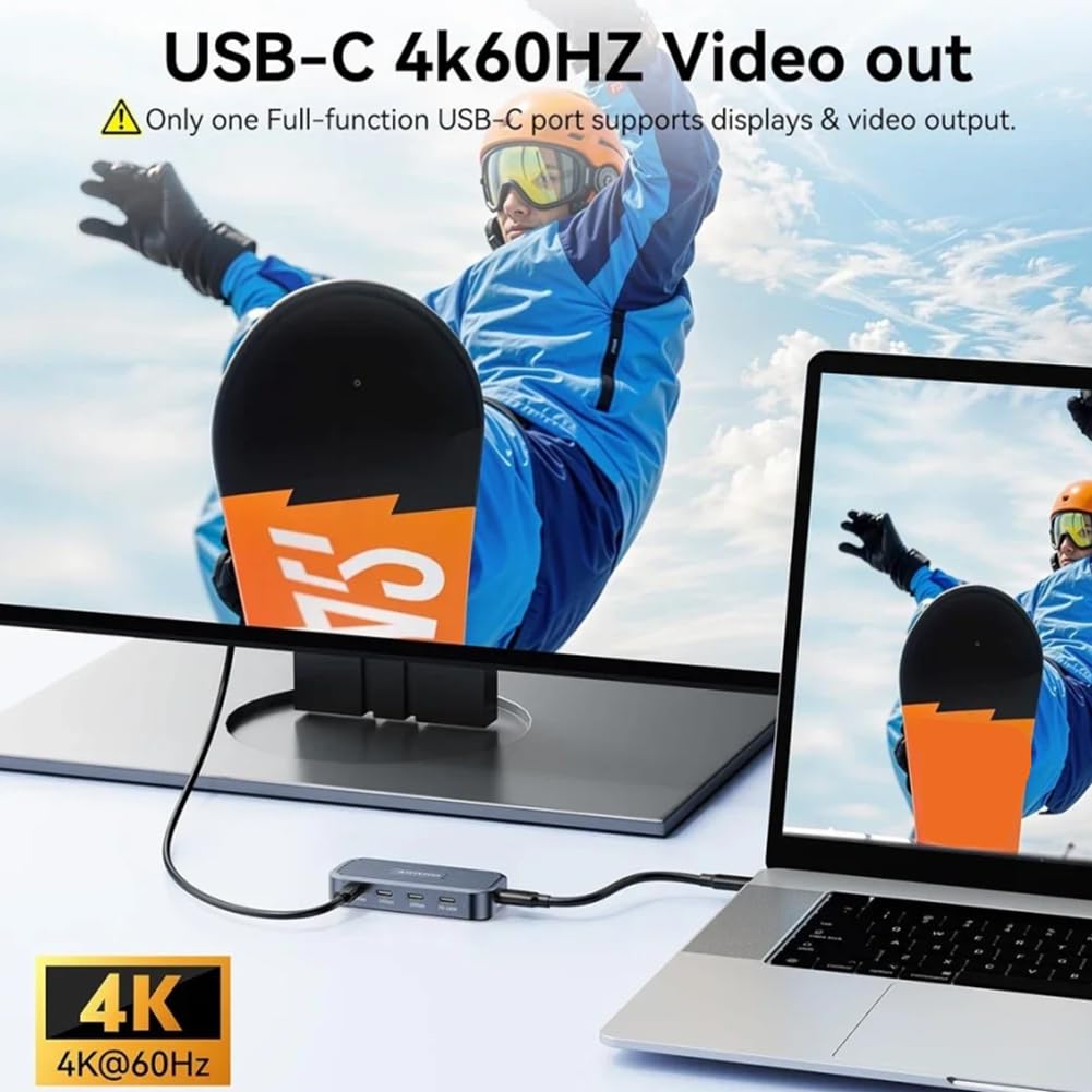 Hub USB C 10 Gb/s z wyjściem wideo 4K przy 60 Hz, PD100 W, adapter rozdzielacza USB 3.2 Gen2 do laptopa