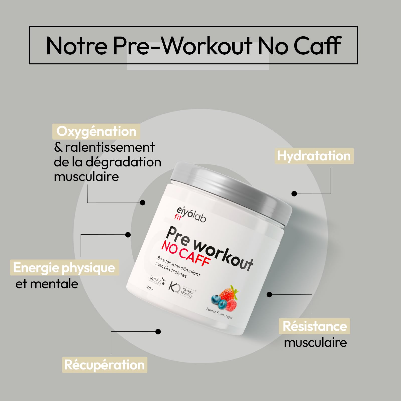 Pre Workout sans Caféine ni Créatine | Citrulline Kyowa et BCAA instantanés | Électrolytes pour Hydratation Optimale | L-Arginine + Bêta Alanine & Taurine | 300g de Poudre Fruits Rouges | Eiyolab