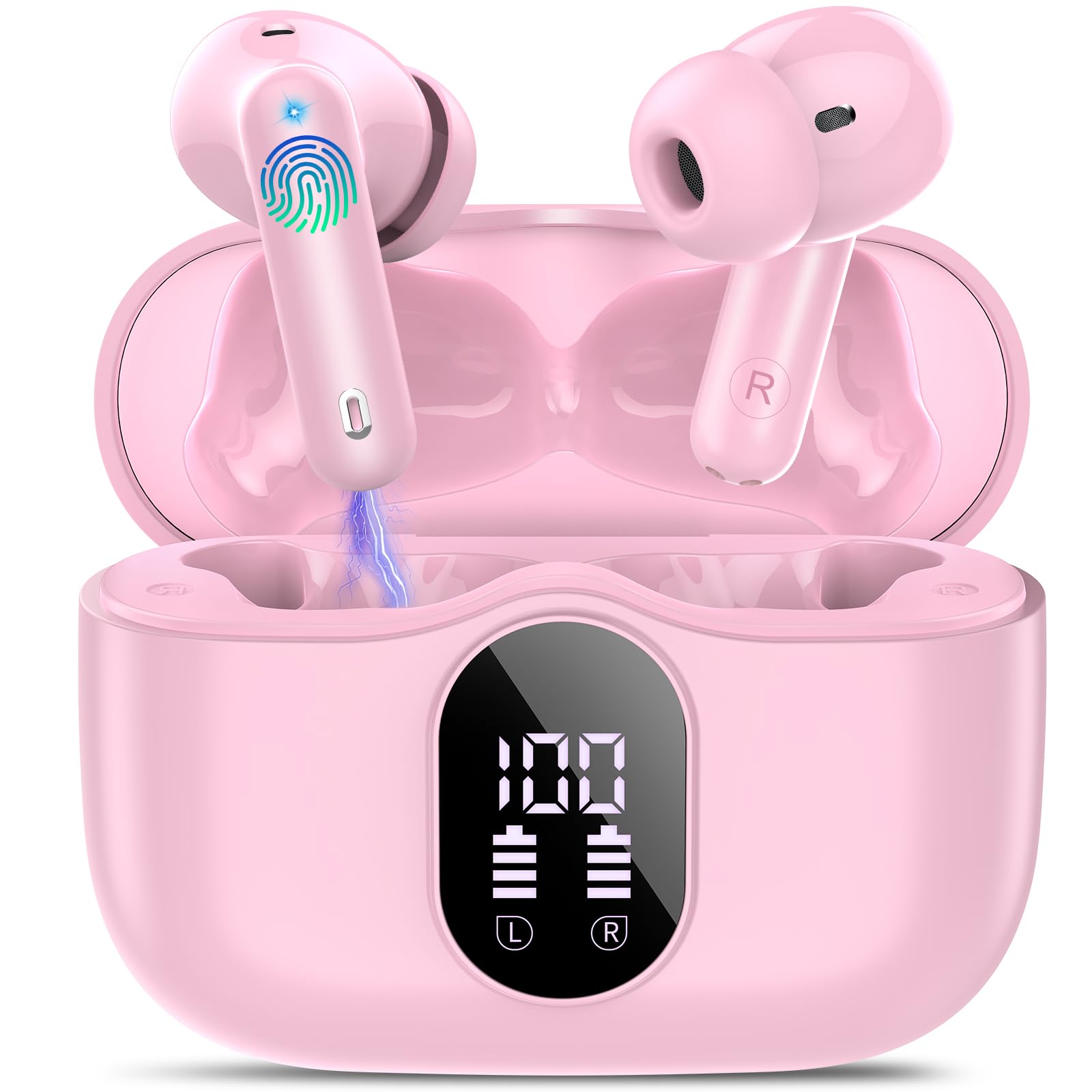 Wireless Earbuds, Bluetooth 5.4 Headphones Bass Stereo, Ear Buds with Noise Cancelling Mic, IP7 Waterproof in Ear Earphones, 36H LED Display Bluetooth Earbuds for Laptop Pad Phones Sports, Pink
