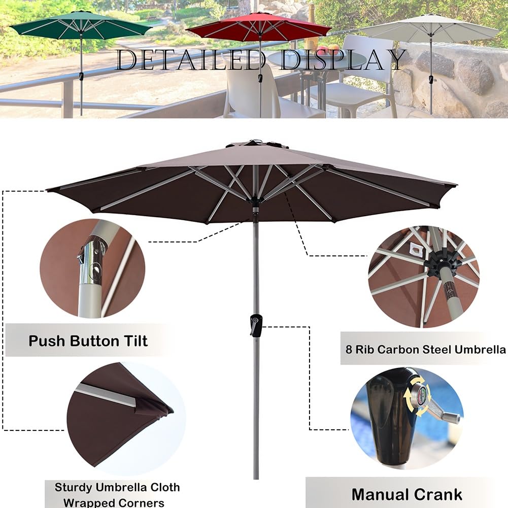 Parasole Ogrodowe 270cm Parasol Ogrodowy z Uchylny i Korbą, 8 Żeber, do Ogrodu, Trawnika, Tarasu, Podwórka i Basenu(Brown)