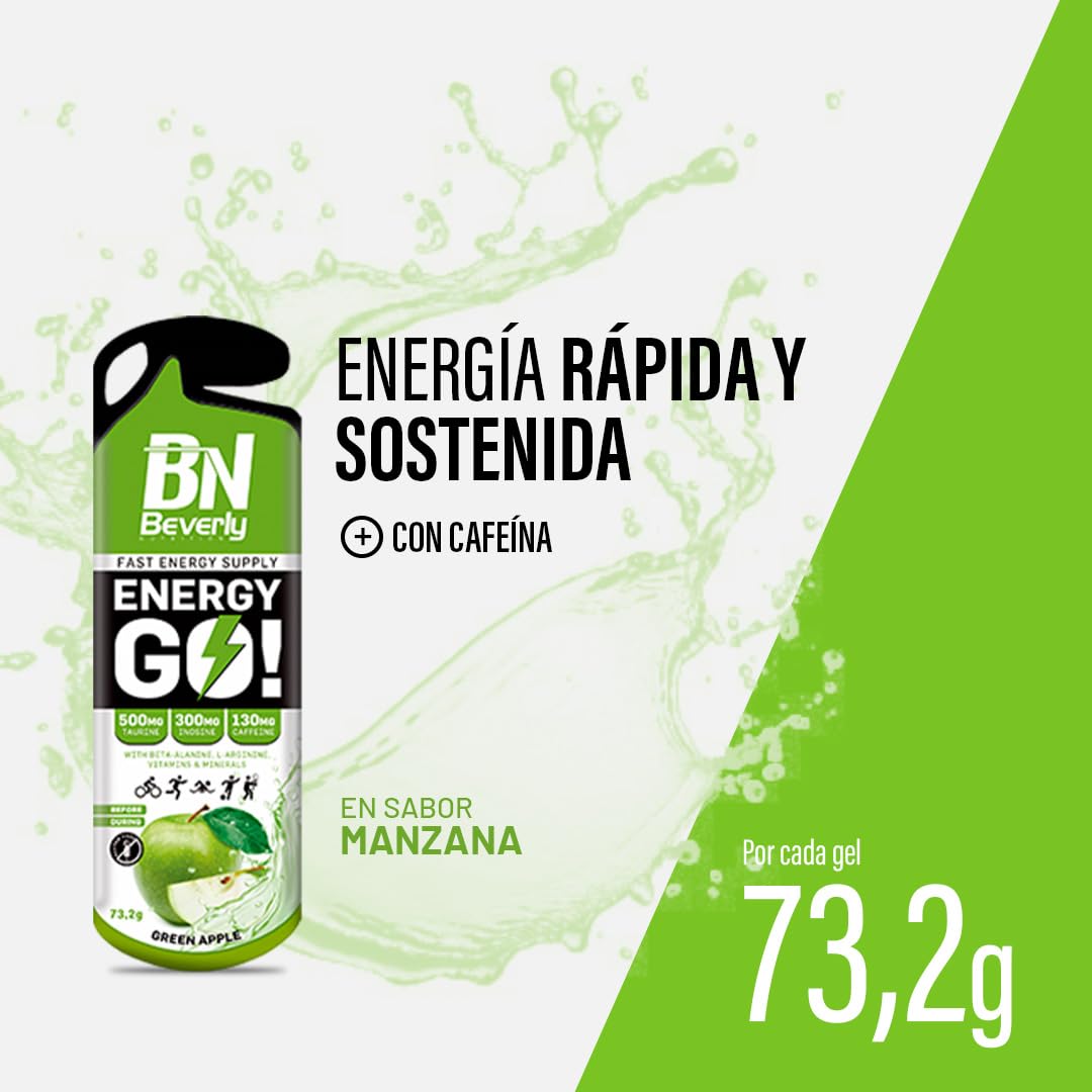 Beverly ENERGY GO | Gel Energético | Estuche de 12 geles de 73 gr cada uno | Delicioso sabor | Aumento de fuerza y resistencia antes y durante el ejercicio. (MANZANA)