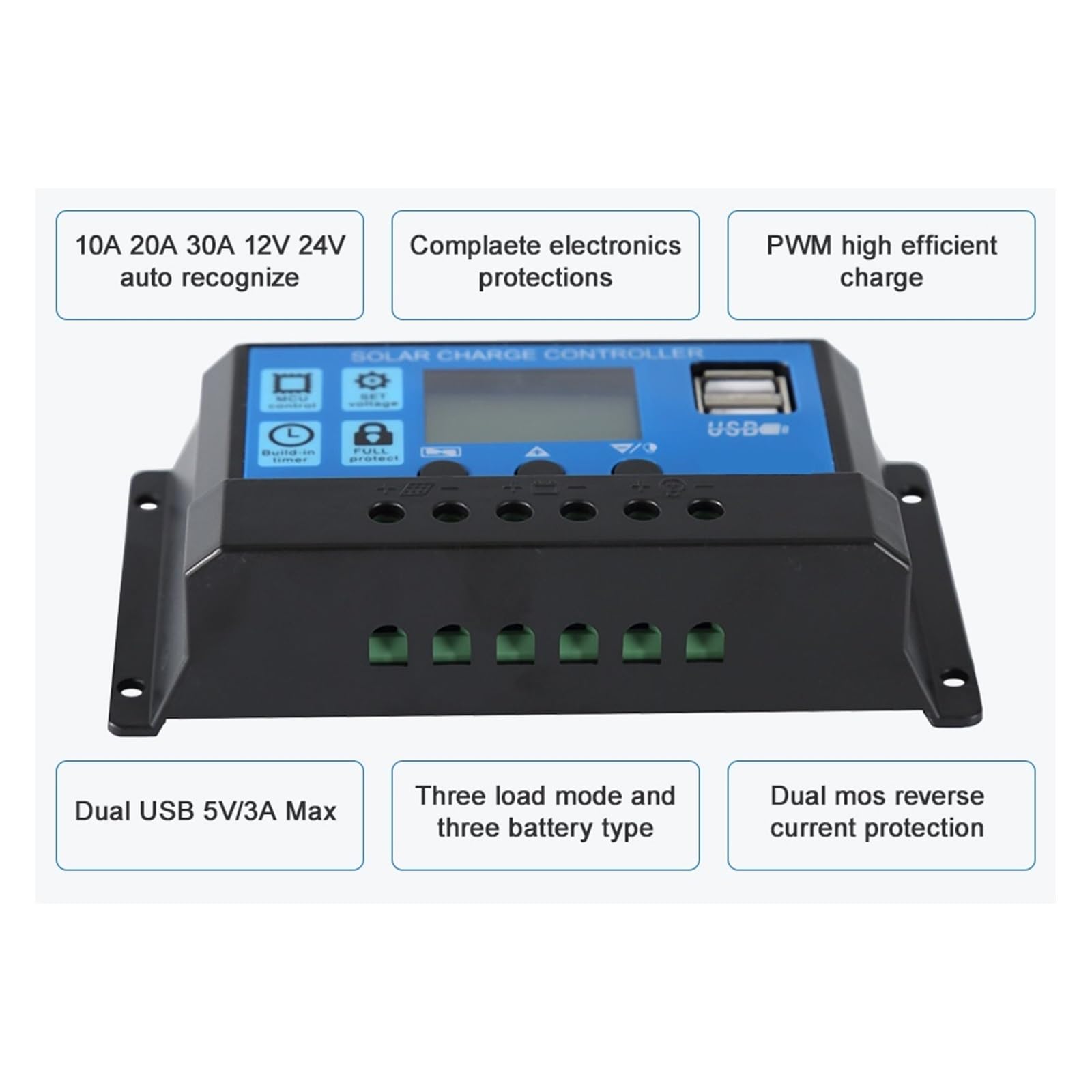 PWM 60A 50A 40A 30A 20A 10A Regulator Ładowania I Rozładowania Słonecznego 12V 24V Automatyczny LCD Regulator Słoneczny Z Podwójnym USB 5V Łatwy Skuteczny(50A)