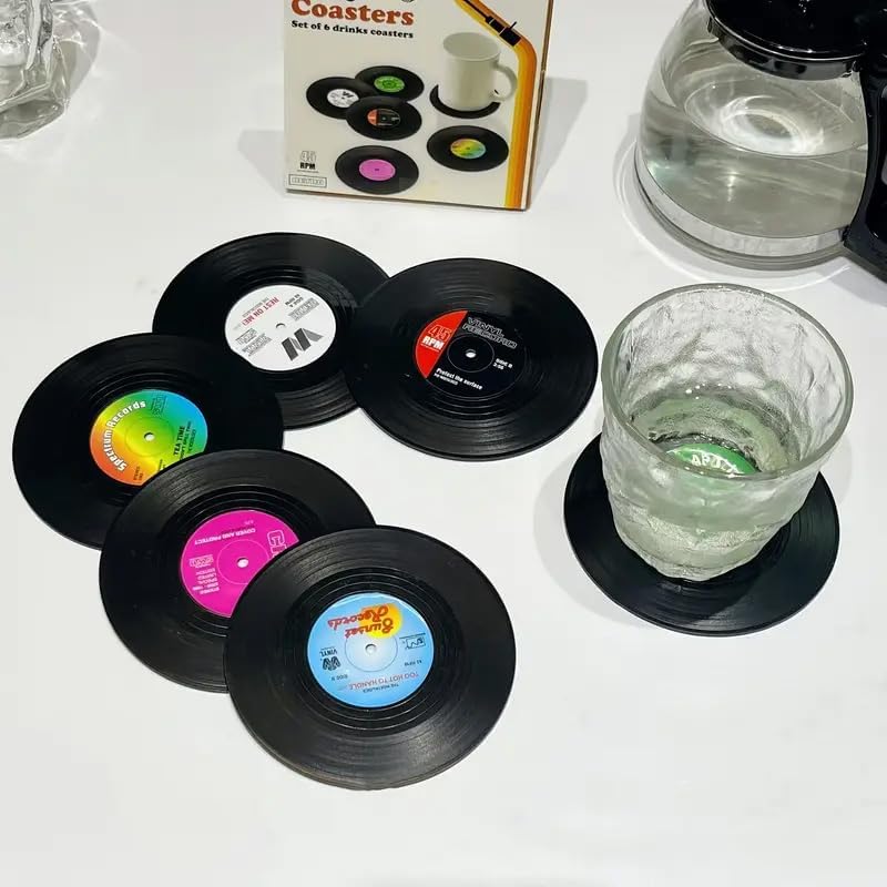 Miniatura 6 de Paquete de 6 posavasos retro para discos de vinilo, antideslizantes, aislantes, protección decorativa para habitación y mesa, decoración de fiestas