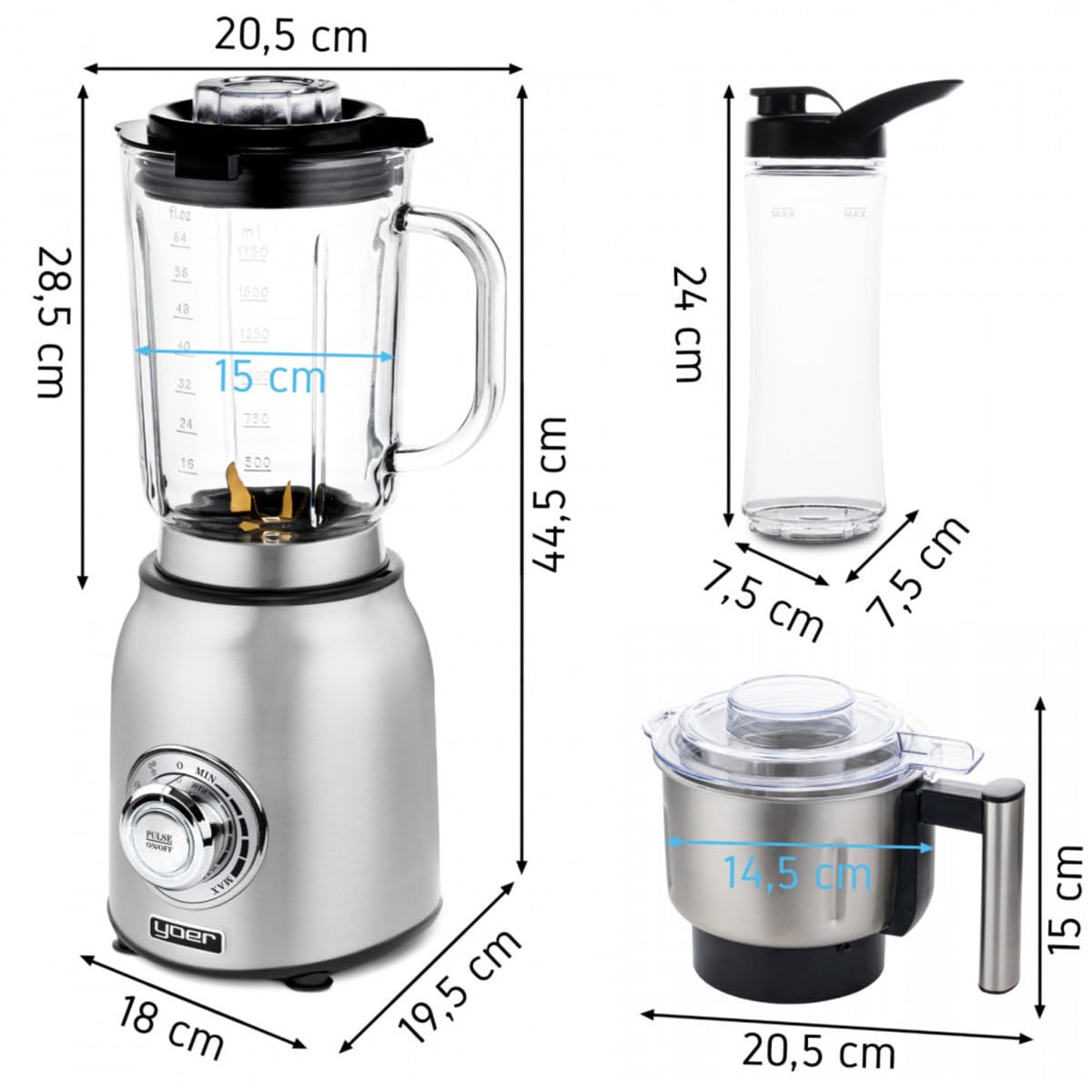 Yoer Titano JB03S, Blender Kielichowy 4w1, młynek do kawy i ziół, mikser do przyrządzania smoothie i koktajli, tytanowe ostrza, wielofunkcyjny, stołowy, stojący, srebrny