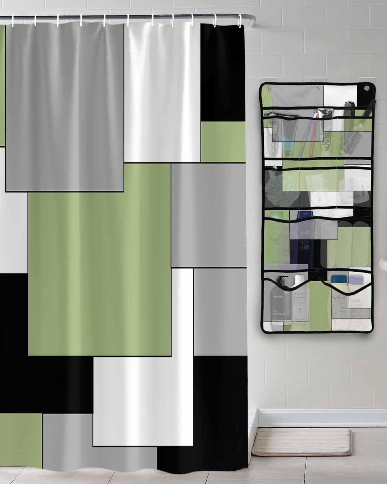 Shower Curtain Mesh Shower Organizer Hanging Set Abstract Art Green Black Gray Splice Waterproof Shower Curtains with 10