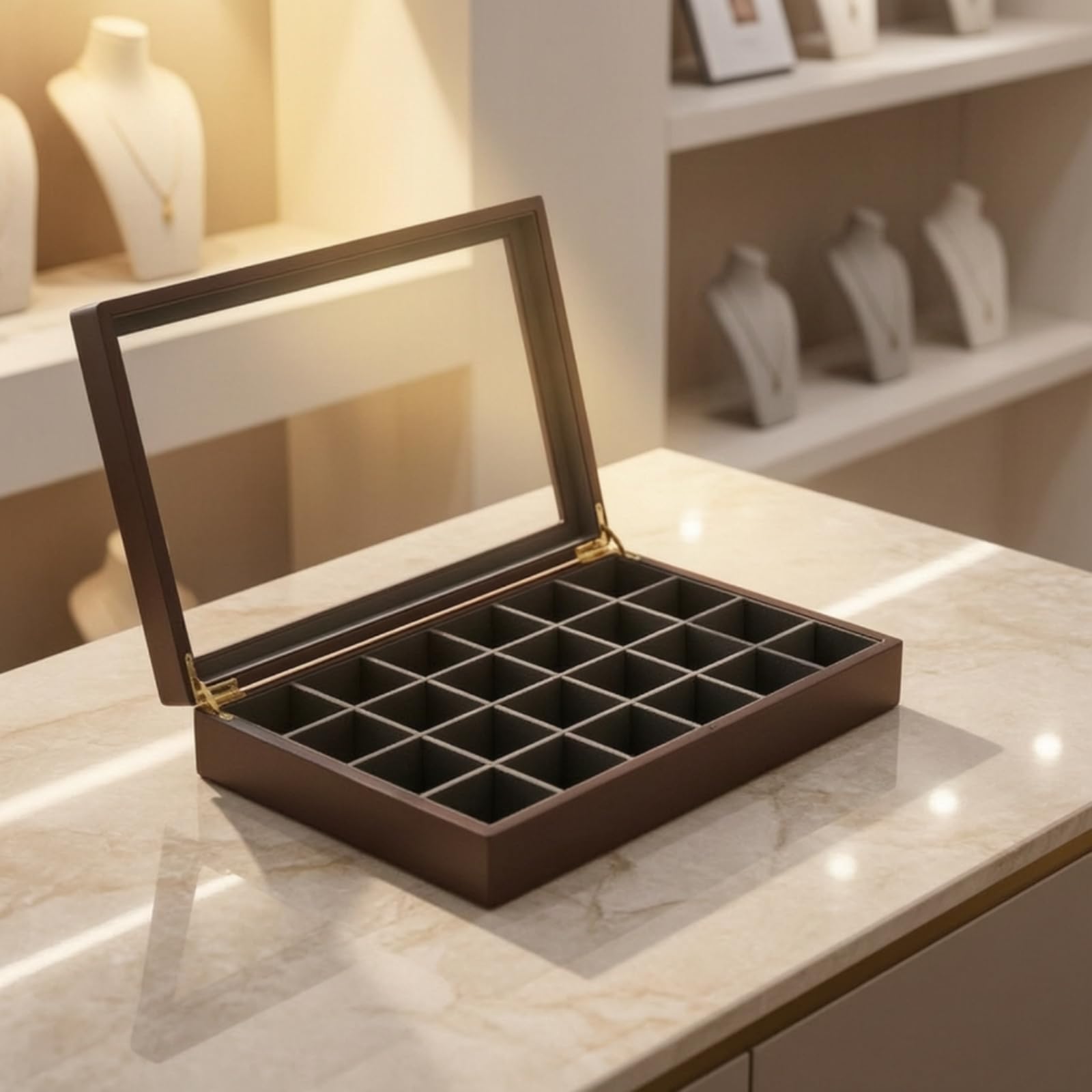 Colcolo Vassoio Esposizione Gioielli Porta Gioielli Cassettina Espositiva Scatola Organizer con Coperchio Trasparente E Divisori 12 Sezioni in Legno Rifinito, style to 1