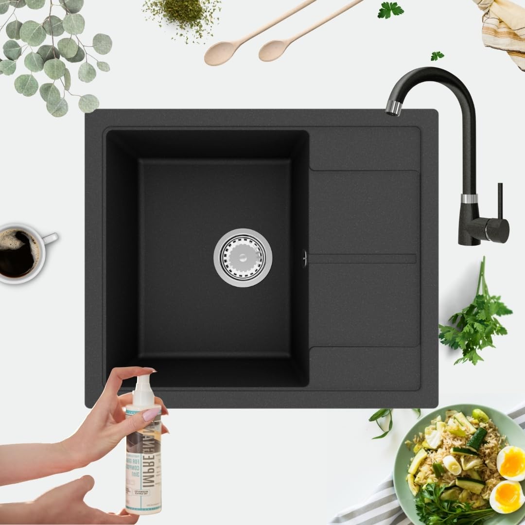 GRANMASTER Horizon Granitspüle mit Wasserhahn 1 Becken mit Siphon, Spüle Arbeitsplatte Küchenspüle mit Wasserhahn, 59 x 50 x 20,3 cm Spüle mit Abtropffläche aus Granit, Schwarz Metallic