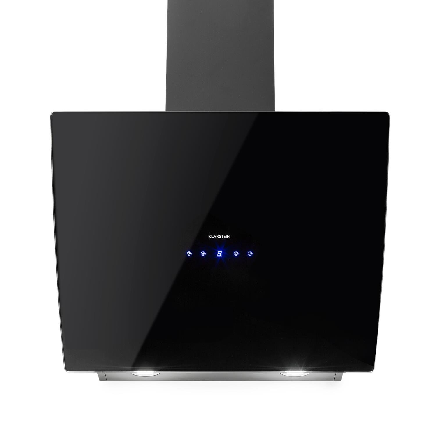 Klarstein Annabelle 60 - Campana extractora de humos, Extractor de pared, Absorción y ventilación, 3 niveles, Absorción de 595 m³/h, Acero inoxidable, Autoapagado, 2 filtros de carbono, Negro