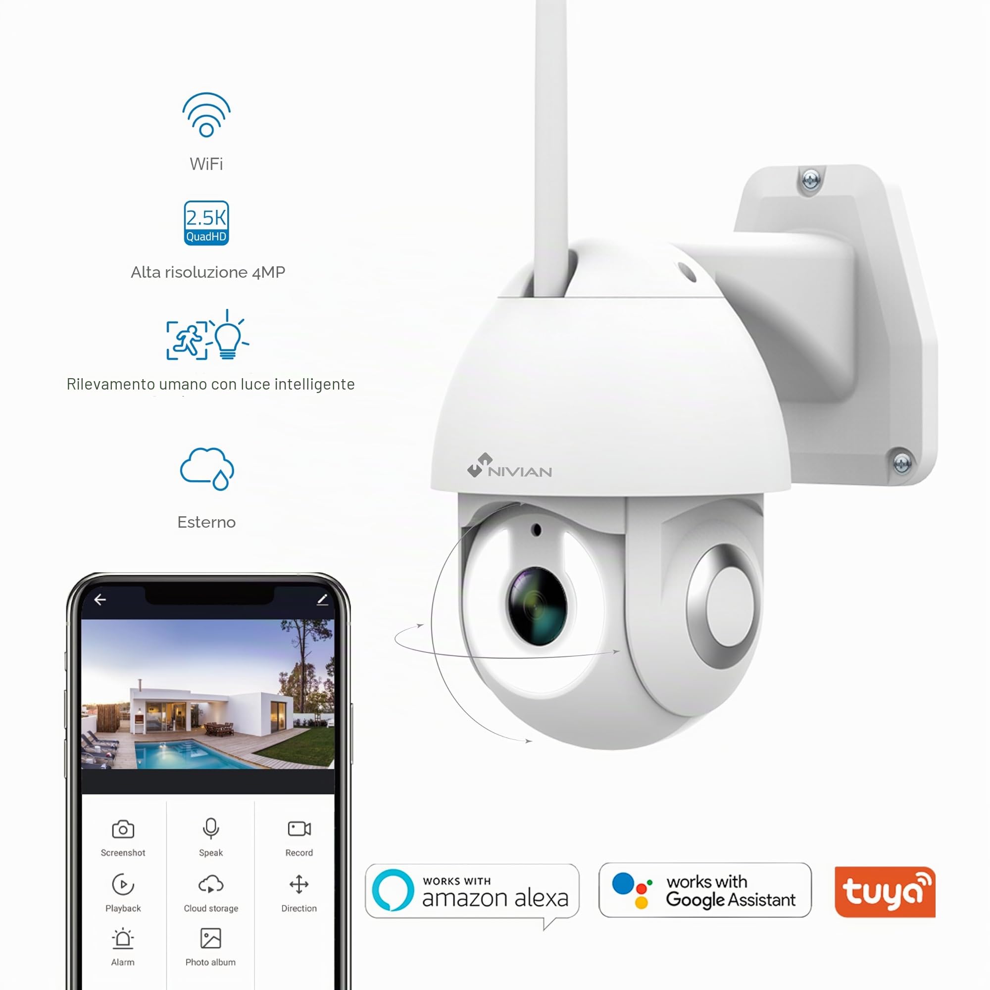 NIVIAN Telecamera PTZ Wifi 2,4Ghz-Half4K-Movimento da remoto 360º con Autotracking e rilevamento di persone-Visione notturna -Telecamera esterno -Compatibile con Alexa, Google Home e APP Tuya