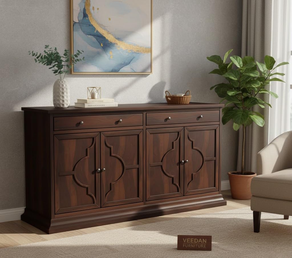 Solid Sheesham Wood Sideboard Cabinet with 2 Drawer & 4 Shelves - Chest of Drawers Wooden Drawer Storage Cabinet for Bedroom Living Room Storage (Design 11)-image-38