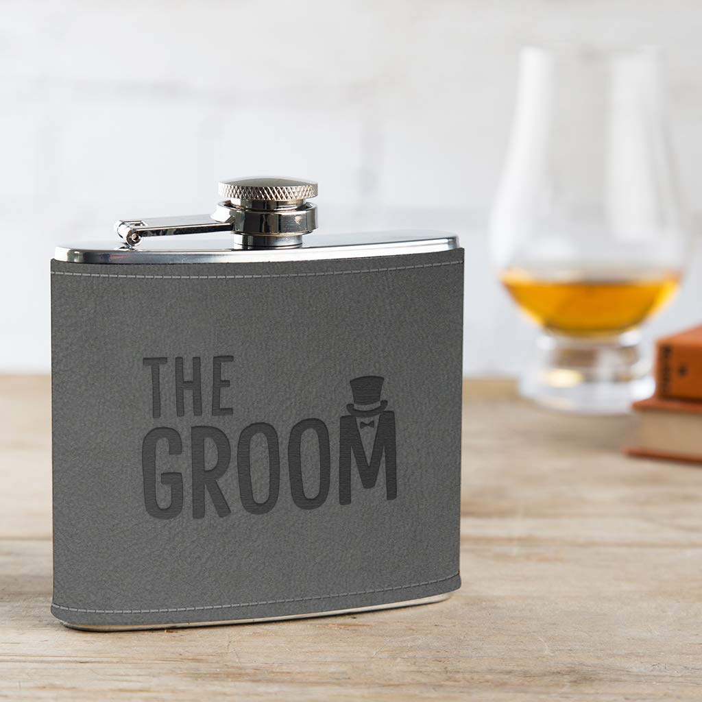 Wedding Day Gifts for Groom, The Groom Engraved Grey Leather Hip Flask Gift, Groom Wedding Day Gift from Bride - Image 2