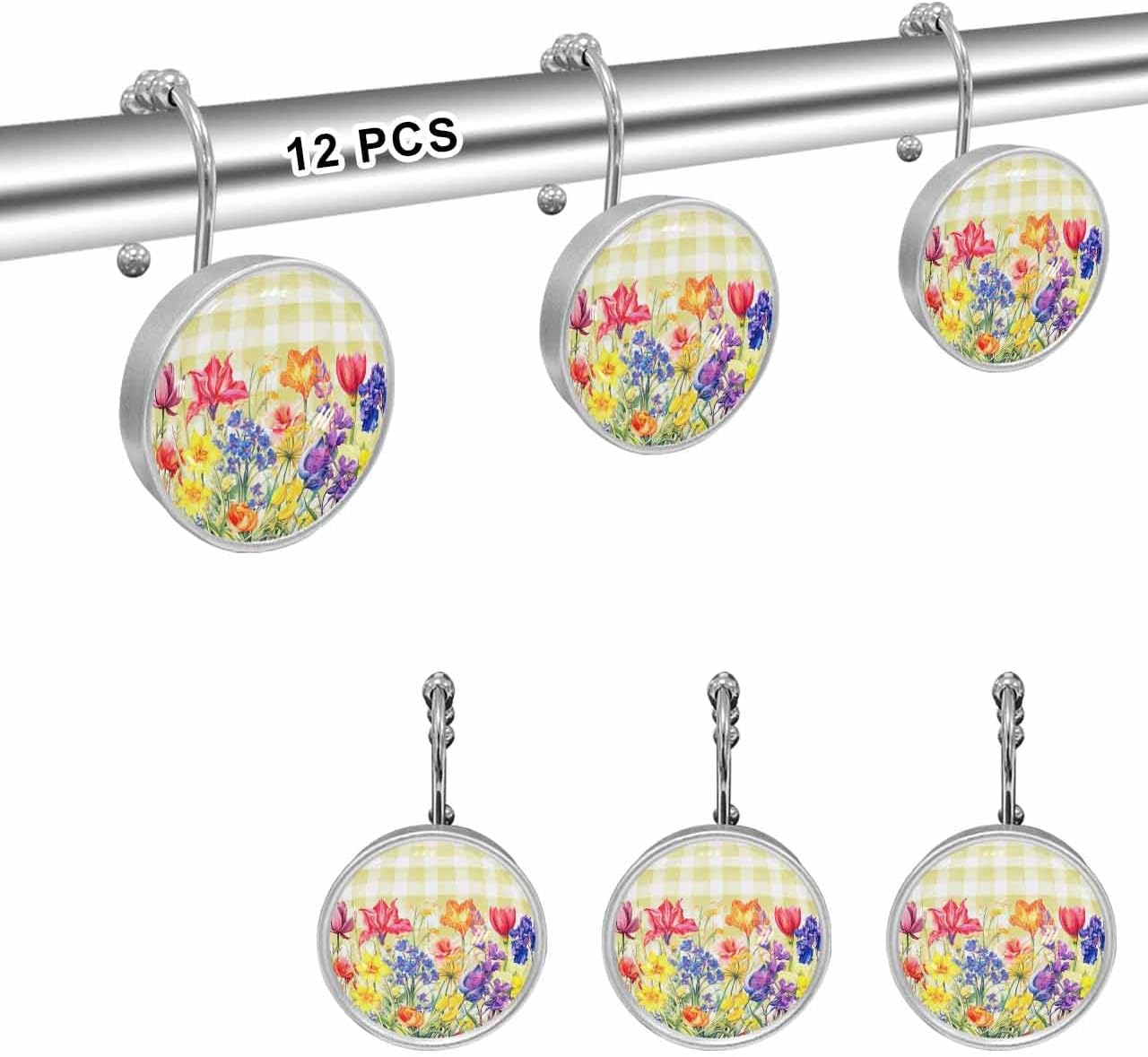 Spring 12PCS Shower Curtain Hooks Rings, Plant Tulip Lavender Flower Butterfly Buffalo Plaid Decorative Shower Curtain Hooks for Bathroom Stainless Steel Rustproof Shower Curtain Rings