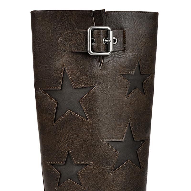 Image of KISTANIA Women's Knee High Riding Boots Square Toe Chunky Heel Fashion Buckle Belts Cowboy Cowgirl Moto Boots with Stars