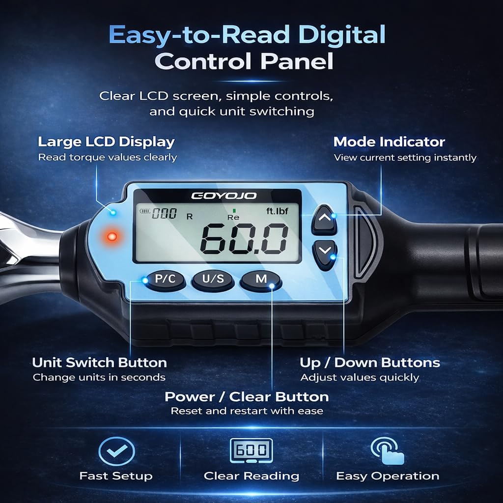 GOYOJO 3/8 Inch Digital Torque Wrench, 1.3–44 ft-lbs/1.8–60 N.m High-Precision Professional Tool for Auto Repair, Bicycle, Motorcycle Maintenance DIY Projects ±2% High Accuracy LED Flash Notification