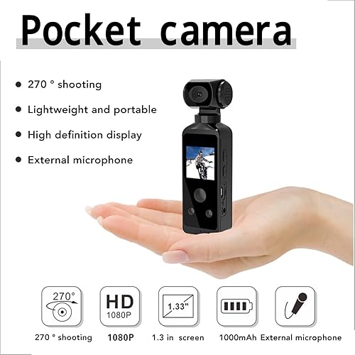 Miniatura 2 de Cámara de acción de mano, videocámara de bolsillo con WiFi 4K HD giratoria de 270 para filmar videos de vlog de viaje, con clip de micrófono, funda