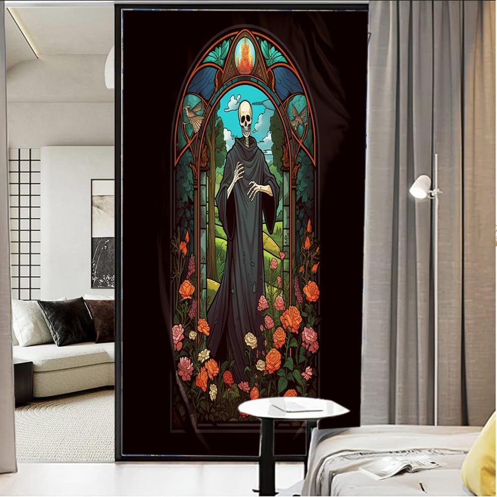 Field Flower Skeleton Window Privacy Film Abstract Horror Colorful Scenery Horror Stained Glass Window Coverings Glass Sticker Frosted Window Film for Home Office Stores 35.4Wx63L inch