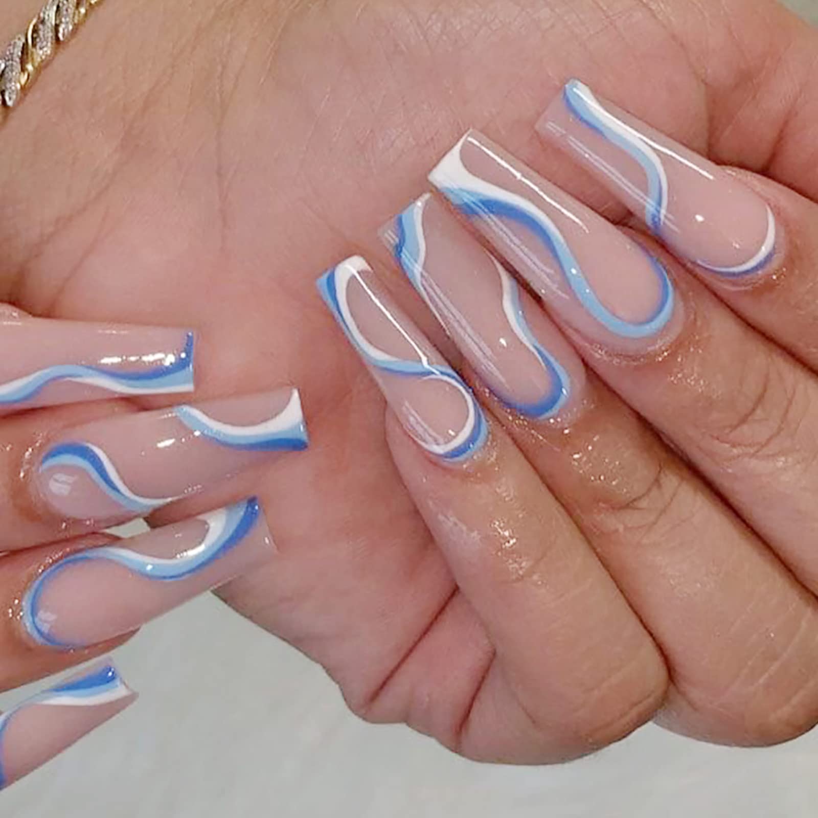Amazon.com: Dealswin Press On Nails Long: Acrylic Nails with Designs, Blue  Nude Abstract Swirl Fake Nails, Glossy False Nails with Glue, Stick on Nails  for Women and Girls 24pcs : Beauty &