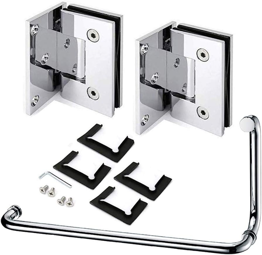 Chromed 90 Degree Geneva Beveled Wall to Glass Shower Door Hinge and Round Pull Handle Towel Bar for 1/2" - 3/8" Glass (GAS312-GP-SSTB457M)