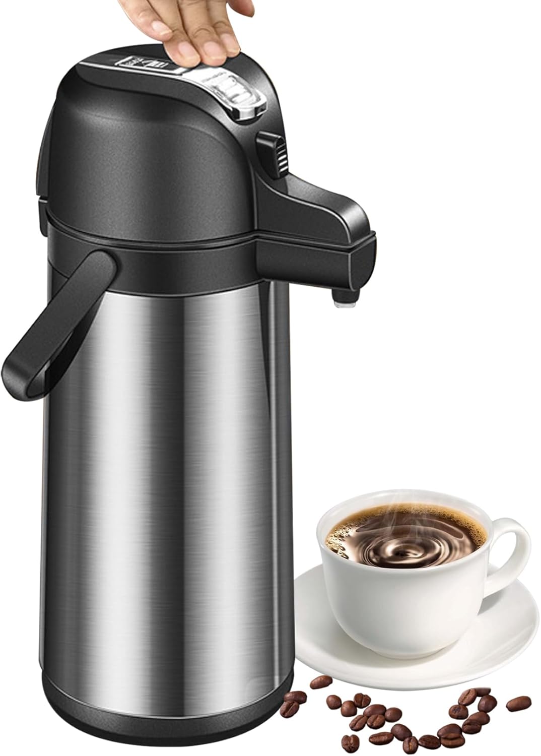Coffee Dispenser with Pump 1.9L Insulated Hot Water Dispensers 360° Swivel Stainless Steel Coffee Carafe Double-Walled Hot Beverage Dispenser with Handle with Pump