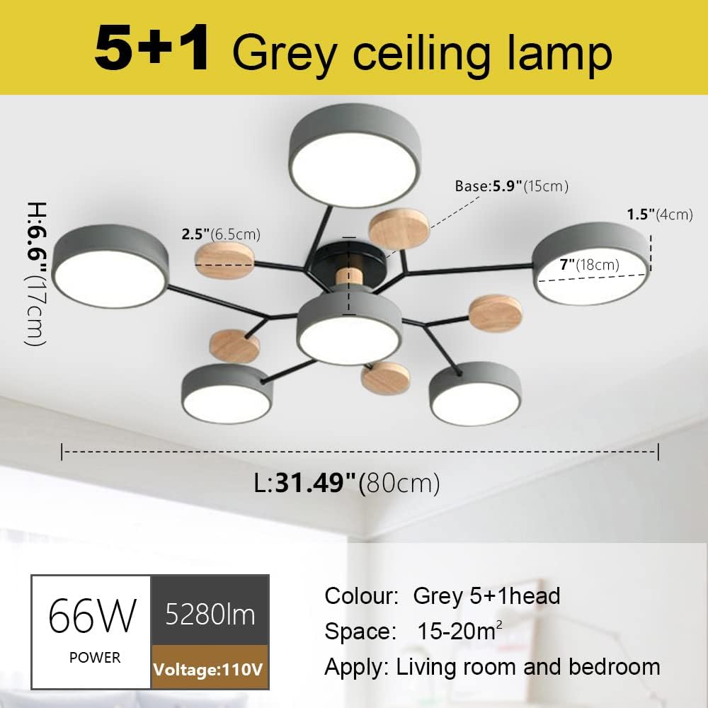 Modern LED Dimmable Flush Mount Ceiling Light Fixture, 66W Gray Wood Chandeliers for Dining Room, 6 Lights for Bedroom Living Room Kitchen Ceiling Lamp