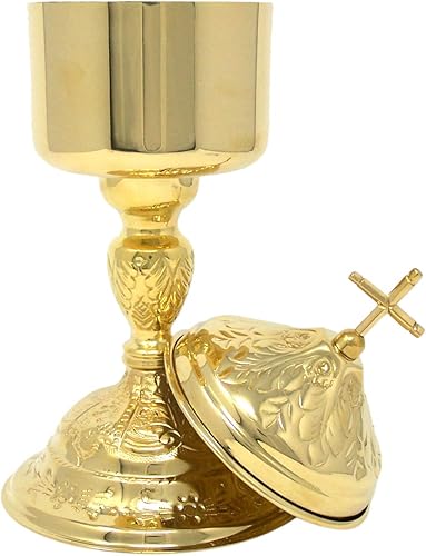 Miniatura 2 de Ciborium - Ciborium anfitrión de la eucaristía de latón macizo en tono dorado con tapa superior cruzada, 10 pulgadas
