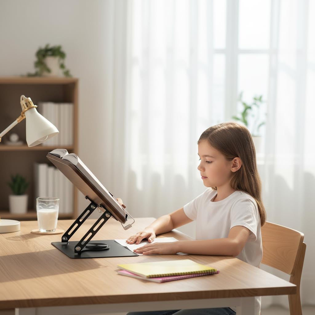 Leggio Girevole 360° Regolabile in Altezza | Supporto Libro e Tablet con Base in Metallo Stabile e Angoli Multiregolabili | Anello Fermapagina in Faggio | Per Lettura, Studio e Ricette