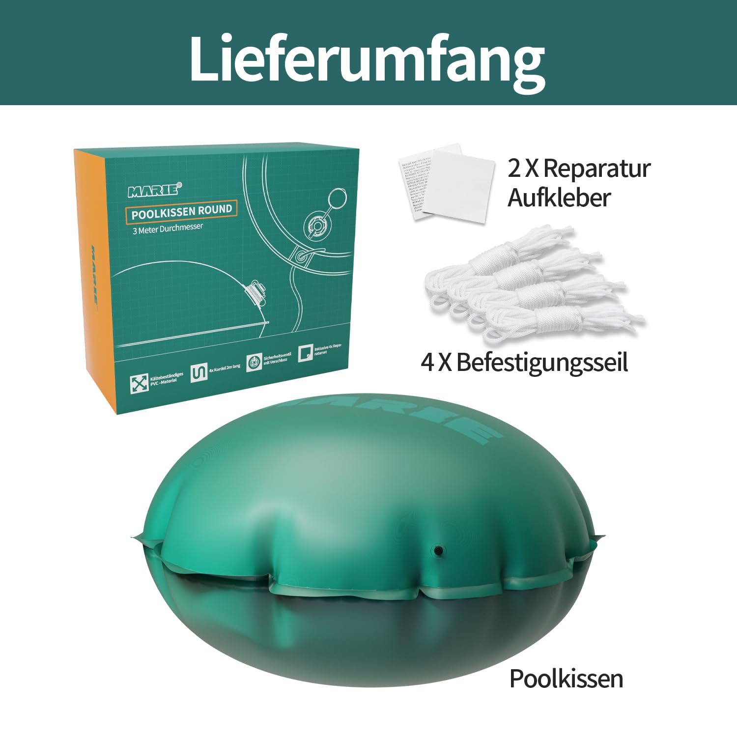MARIE Poolkissen Winter 3m für Ø300-400 cm Pools, XXL Pool Winterkissen rund, Luftkissen Pool Kissen Winterfest, Poolpolster Pool Abdeckung Kissen Doppelnaht, Chlorbeständiges Überwinterungskissen