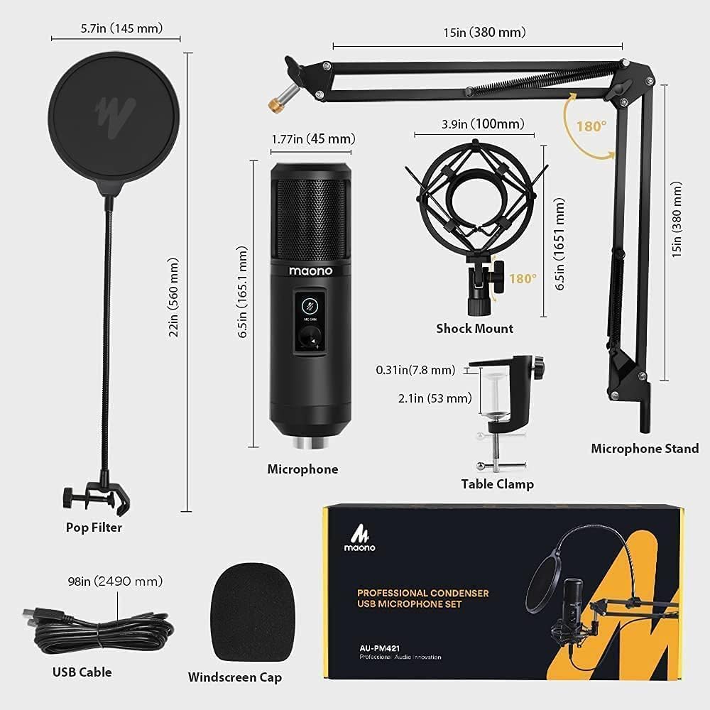 MAONO AU-PM421 Mikrofon kondensatorowy USB z przetwornikiem kardioidalnym, 192 kHZ/24 bit, z możliwością wyciszenia jednym dotknięciem i pokrętłem regulacji mocy, do nadawania transmisji, nagrywania wideo na YouTube, gier