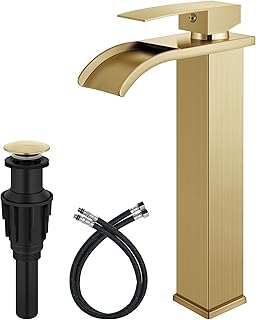 Brushed Gold Waterfall Vessel Sink Faucet,Tall Bathroom Faucet