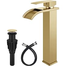 Vessel Sink Faucet Waterfall Tall Bathroom Faucet Single Handle,Single Hole Lavatory Vanity Mixer Tap with Pop Up Drain and Supply Lines,Brushed Gold