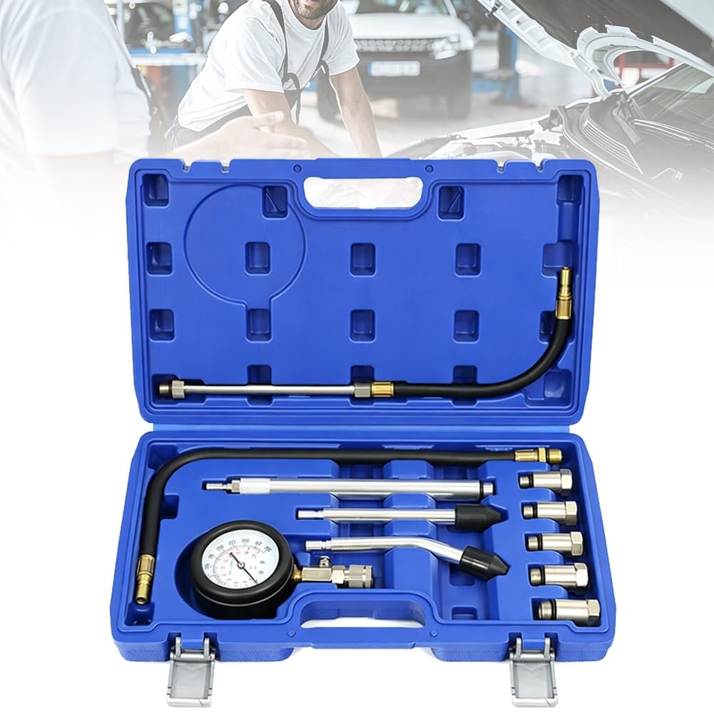 Tester di Compressione Gasolio, 11pcs Manometri Compressione Motori Benzina | Per Motori Diesel e Benzina con Adattatore per La Maggior Parte dei Motori di Auto, Camion, Agricoli e Marini