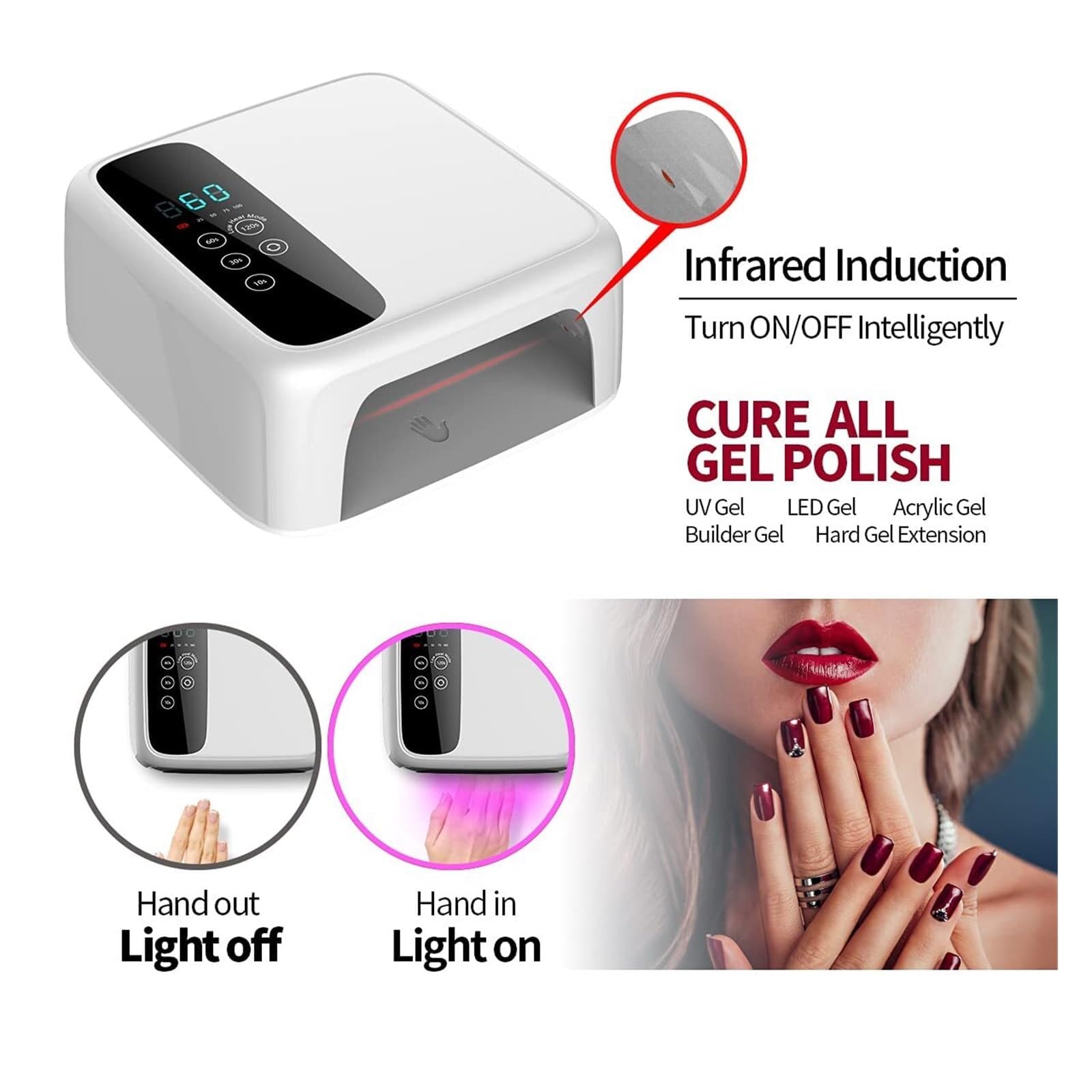 Lámpara LED de uñas de 72 W, inalámbrica, recargable, profesional, secador de uñas de gel para salón en casa, batería de 15600 mAh, lámpara de curado para esmalte de uñas