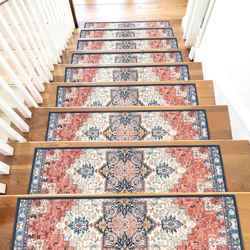 Carpet Stair Treads Non Slip for Wooden Steps 15PCS, 8' X 30' Stair Runners Mats Indoor, Stain Resistant Staircase Step Treads Stair Rugs with TPR Self Adhesive Backing for Kids, Elders, Dogs, Red