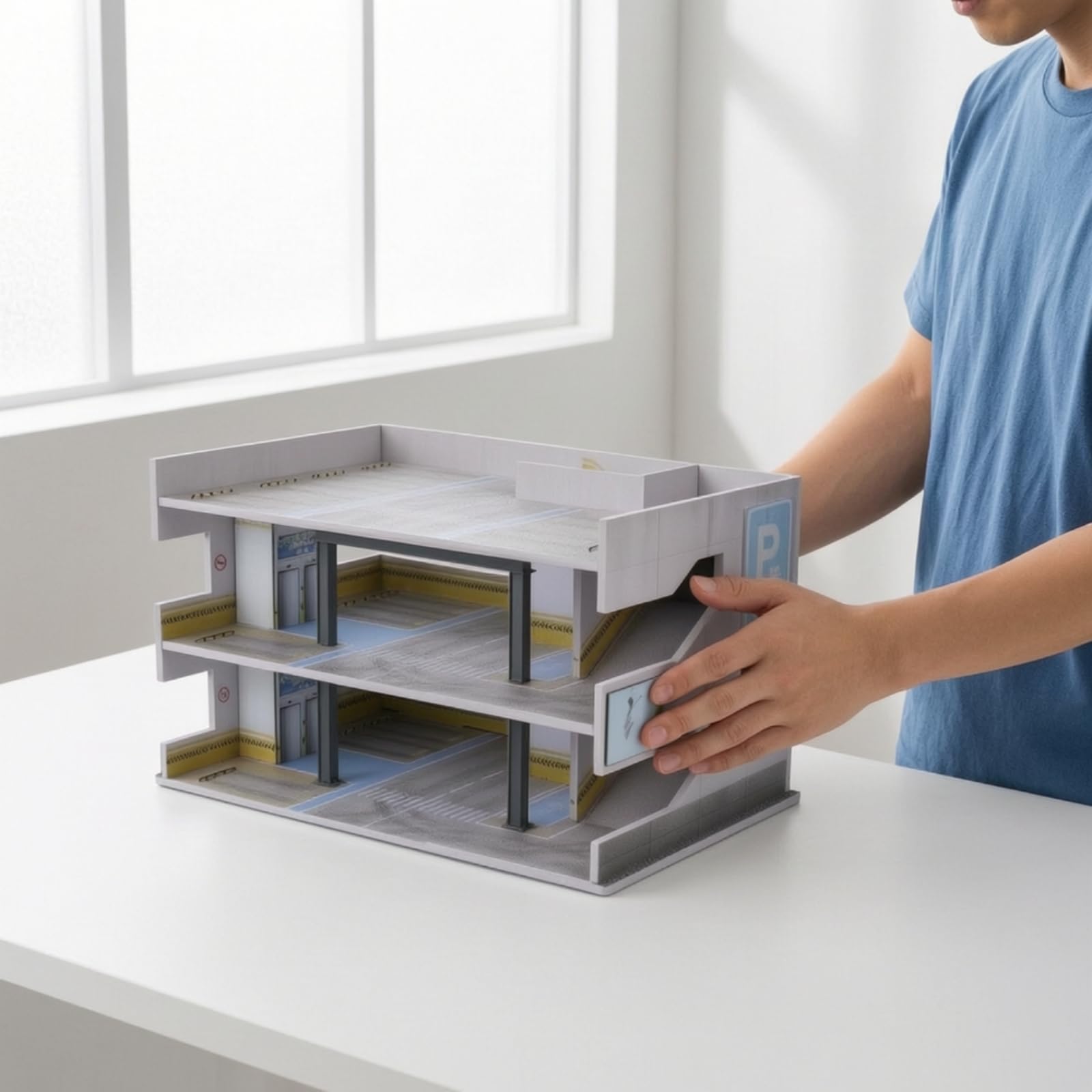 harayaa Mini Parcheggio in 1 64 Espositore Modello Garage Diorama Struttura a Più Livelli con Rampe E Parapetti in PVC Acrilico Adatto per Fotografia di Auto, Parcheggio Giapponese Modello B