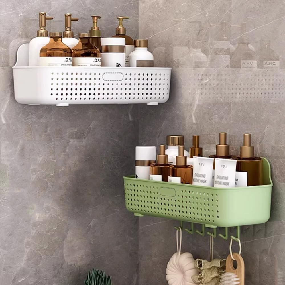 Mensola da bagno Portaoggetti da doccia in plastica, organizer da parete for doccia con 6 ganci, cestino portaoggetti da doccia senza foratura for bagno, cucina, lavanderia, balcone Scaffali galleggia