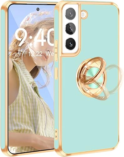 Fingic Funda para Samsung Galaxy S22, Galaxy S22 con soporte de anillo, soporte de anillo giratorio de 360 magnético borde dorado brillante Funda