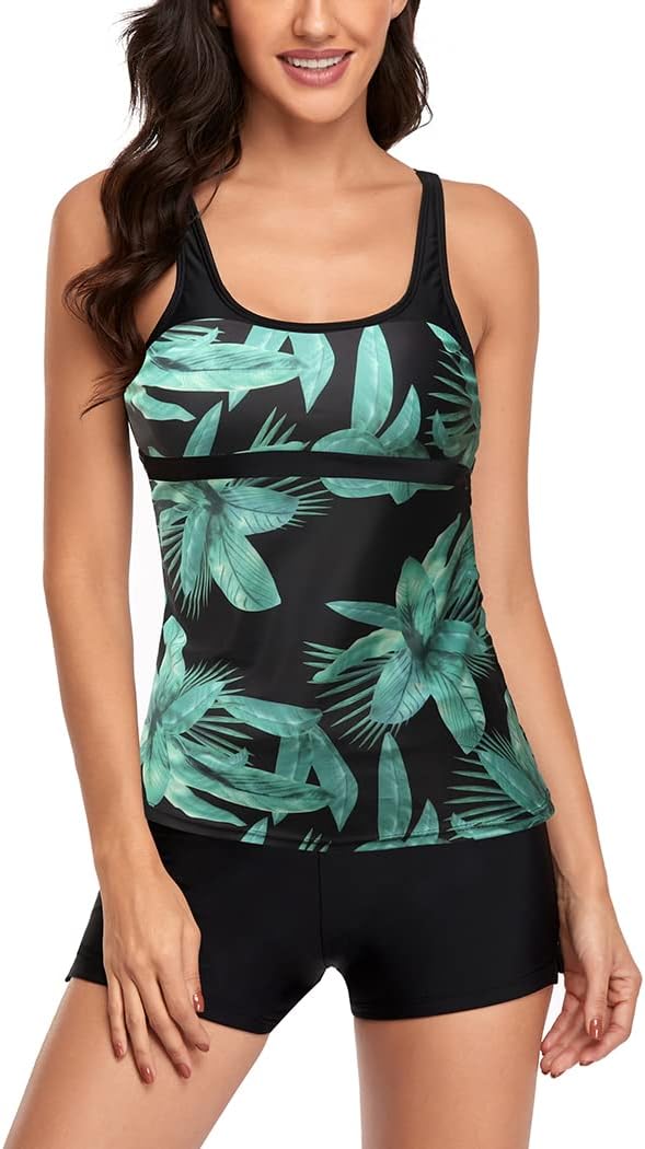 AOQUSSQOAWomen's Floral Halter Tankini Set with Shorts High Waist Sporty Swimsuit Bikini, Green Leaf, M