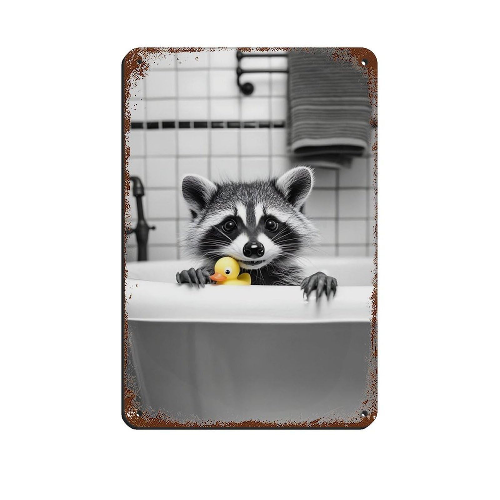 Cute Raccoon in Bathtub Retro Poster Metal Tin Sign Chic Art Retro Iron Painting Bar People Cave Cafe Family Garage Poster Wall Decoration 8x12inch(20x30cm)