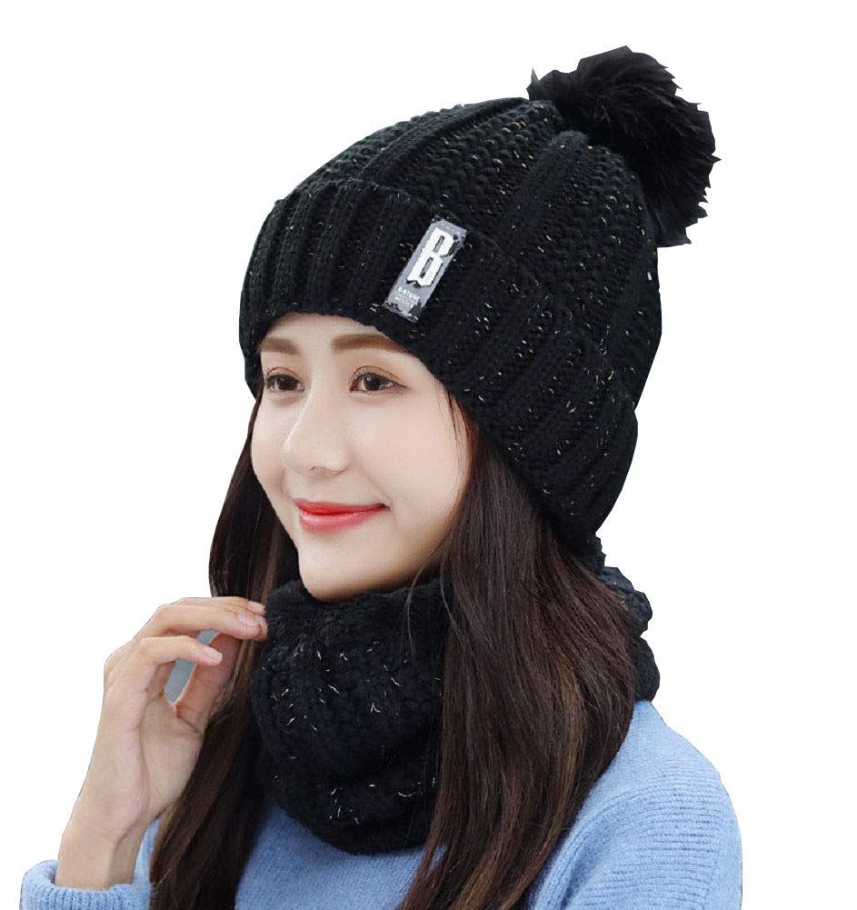 SoulQSoulQ Women Winter Knit Beanie Hat Scarf Set Cute Pompom Slouchy Hat,Fleece Lined Faux Fur Ski Cap