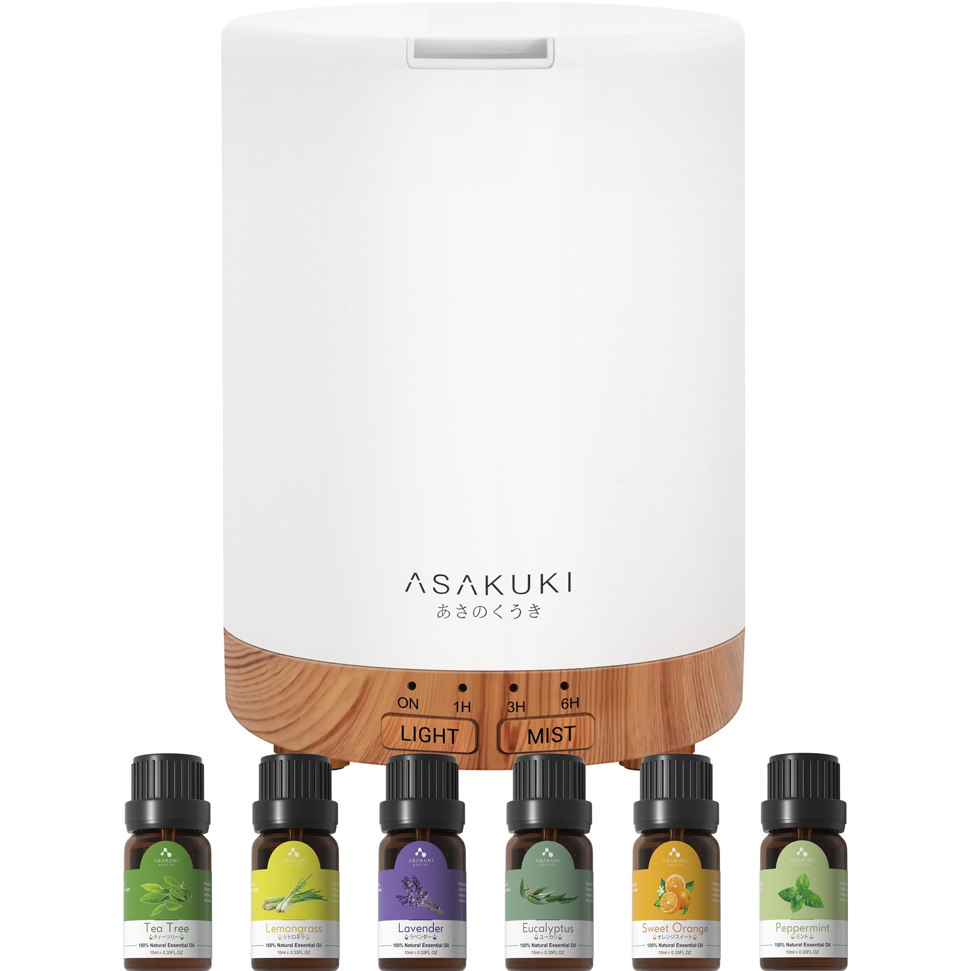 ASAKUKI Aroma Diffuser mit Ätherische Öle Set, 300ml Aromatherapie Luftbefeuchter mit 6 * 10ML Öle Set, 14 LED-Farben & automatischer Abschaltung -Geschenk zum Muttertag