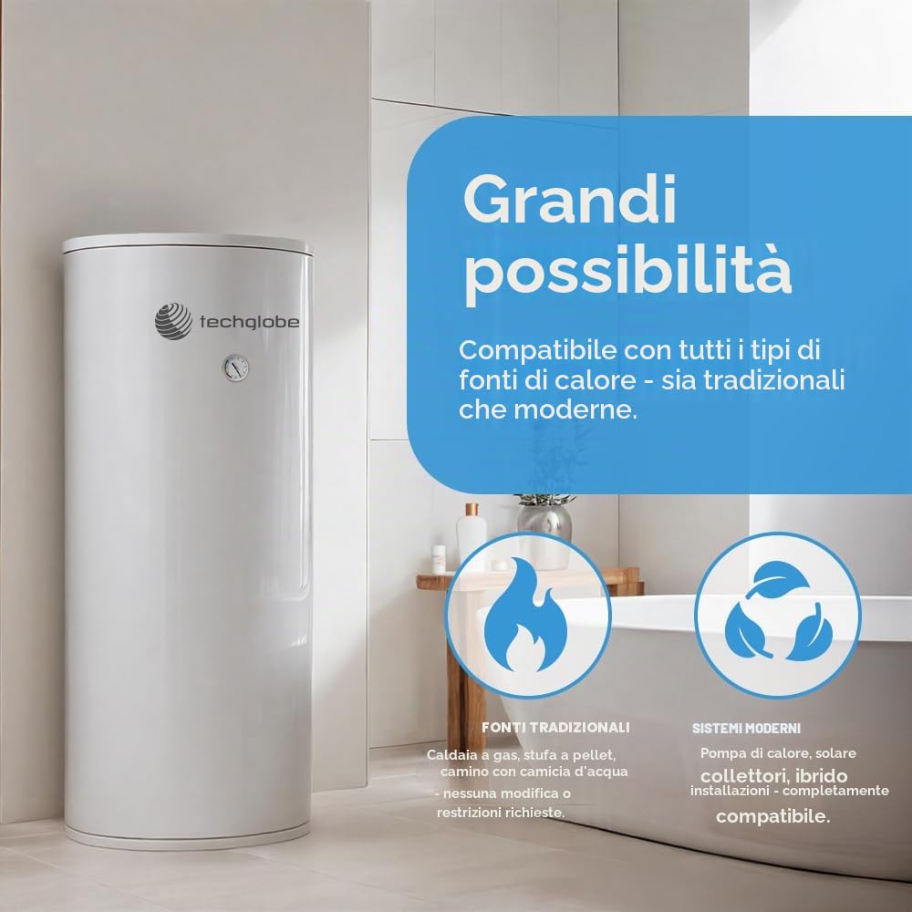 TECHGLOBE - Serbatoi acqua calda - 2 scambiatori di calore (1,8 + 2,4 m²) - acciaio inox - Efficienza energetica - con isolamento da 50 mm - Accumulatore di acqua calda (200 L)