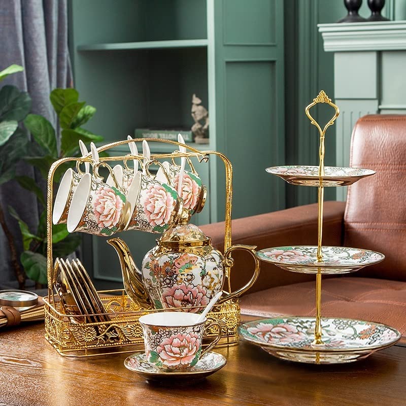 Europejski retro kwiat kawa zestaw herbaty ceramiczna porcelanowa filiżanka herbaty zestaw z wymiennym metalowym stojakowym zestawu spodek (Size : E)