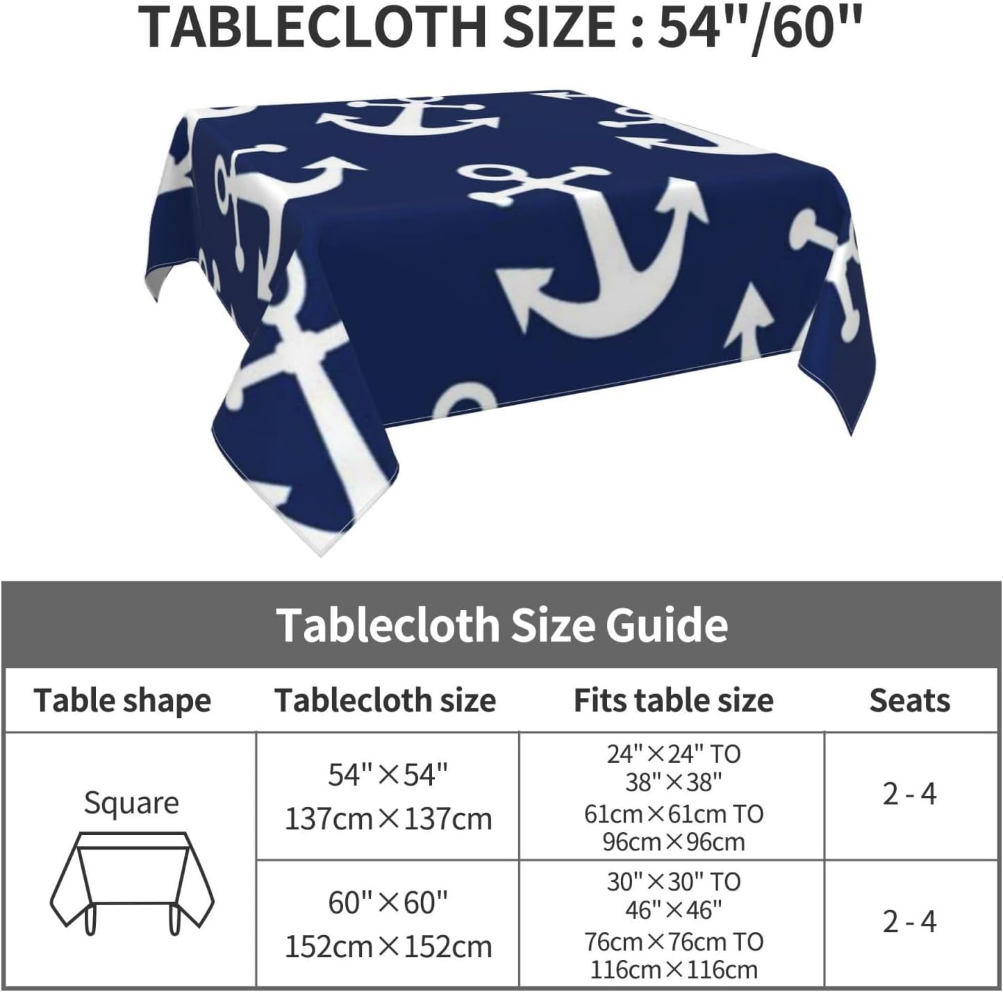 Square Table Cloth, Navy Blue Anchors Tablecloth Washable Dinng Table Covers Decorative for Kitchen & Table Linens 60" x 60"