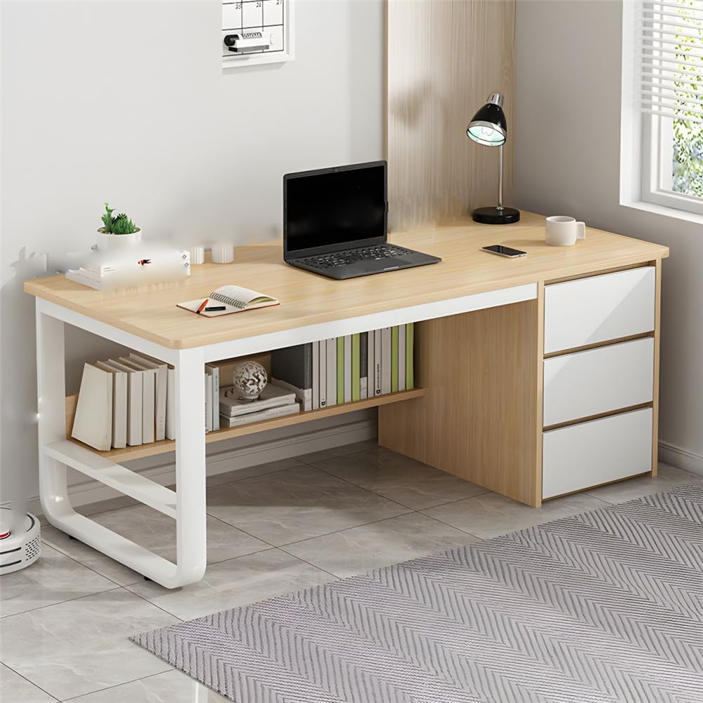 NIUYAO Small Computer Desk with 3-Drawers Modern Writing Table Storage Shelves Work Desk PC Table Home Office Corner Study Desk Without Chair (Wood,