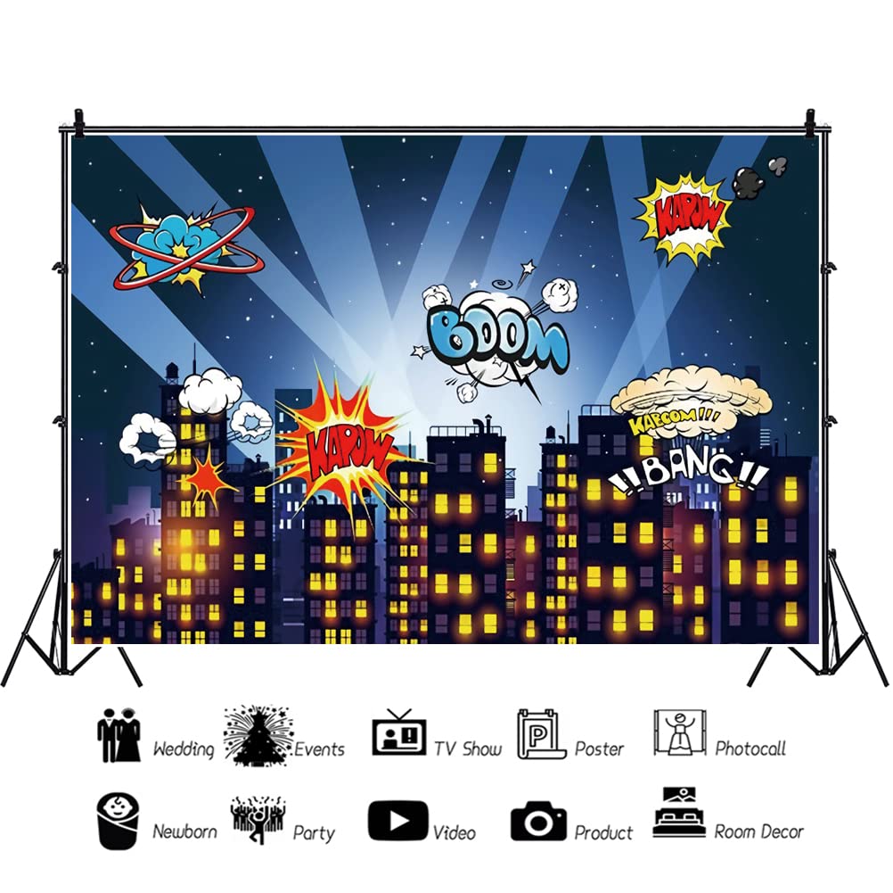 Super Città Sfondo 3x2m Fumetti Notte Paesaggio urbano Stellato Star Boom Sfondi fotografici Baby Shower Bambini Festa di compleanno Banner Forniture Studio Foto Prop Vinile