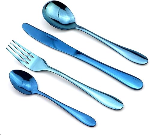 Miniatura 2 de JASHII Juego de cubiertos azules de 16 piezas de cubiertos de acero inoxidable 304 pulido con espejo, duradero, servicio de vajilla para 4, apto