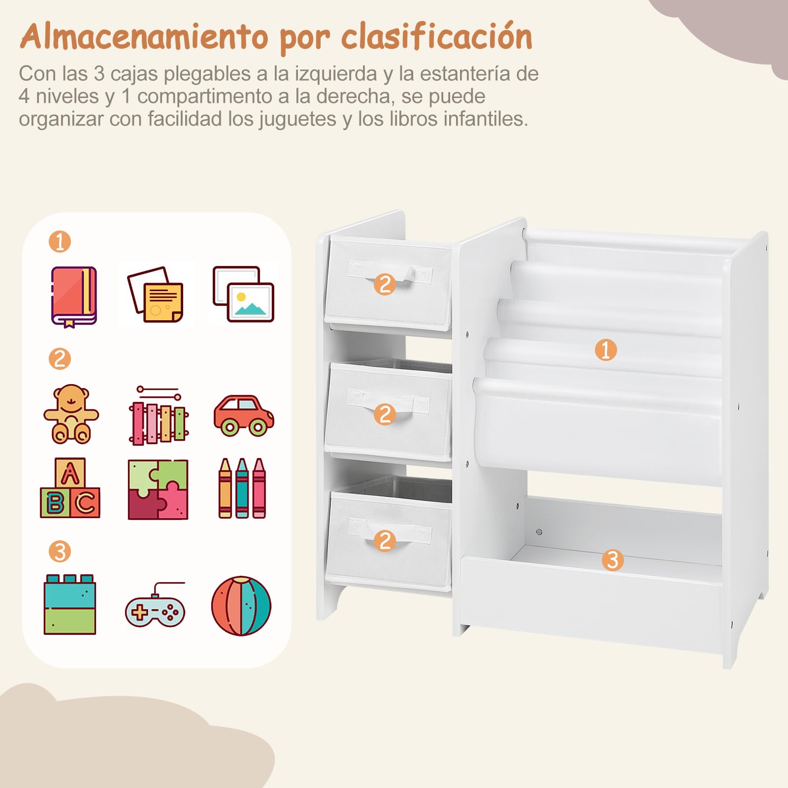Lestarain Estantería Infantil, Organizador de Juguetes para Niños, 2 en 1 Estantería de Madera con 3 Cajas de Almacenaje, 4 Zonas Colgantes para Libros y 1 Estante, para Habitación Niños y Guardería