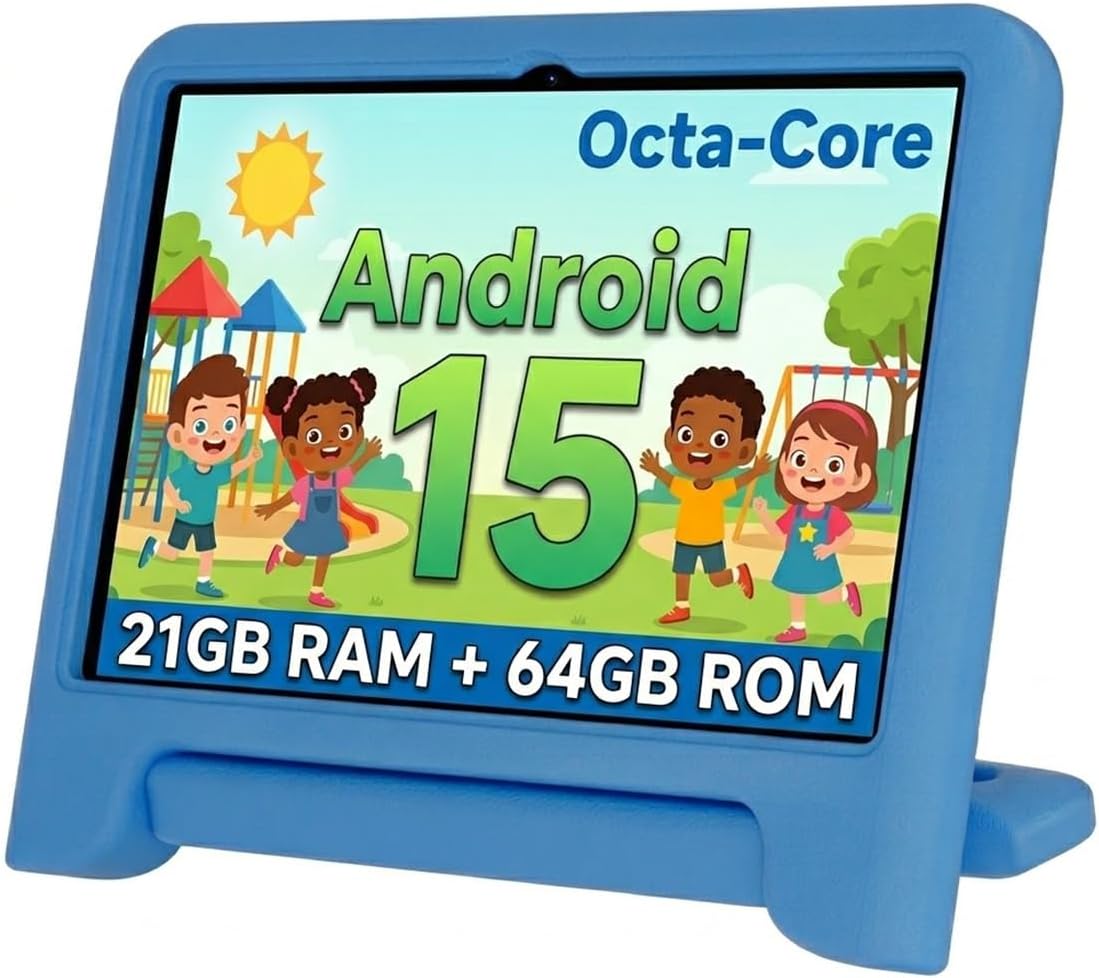 WXUNJA Android 15 Kids Tablet, 2025 Upgraded 10.1 Inch Tablets with Octa-core Processor, 6000mAh Battery, Kid Space, Parental Control,Pre-Loaded Kids Apps, 2.4/5GHZ Dual WiFi, Case Included, Blue
