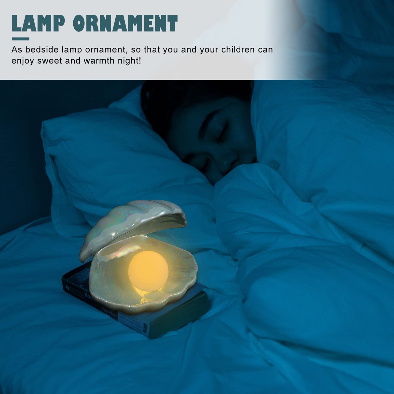 Perła w muszli Lampka nocna z klapką Lampka nastrojowa Ceramiczna lampa z muszli Perłowa Lampka nocna w kształcie muszli Opalizująca lampa LED akcentująca Lampka nocna na stolik na prezent Błękit/25