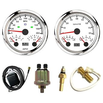 ELING 85mm 2 Gauge Set GPS Speedometer 200MPH Odometer Tachometer 8000RPM Fuel Level Water Temp. 100-250F Oil Pressure 0-150PSI Voltmeter 12V for Racing Yachts with Sensor 7 Colors Backlights